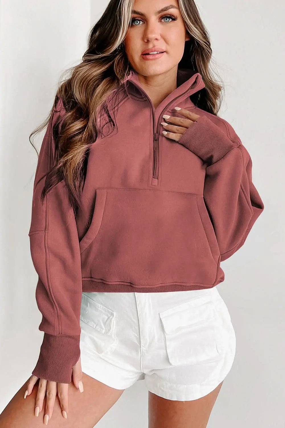Brown Fleece Lined Zip Up Stand Collar Thumbhole Sleeve Sweatshirt - Love Salve